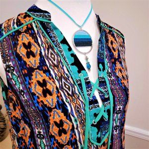 Dress Medium Sleeveless. Blue, Green, Multi Print. Design Recipe Brand.